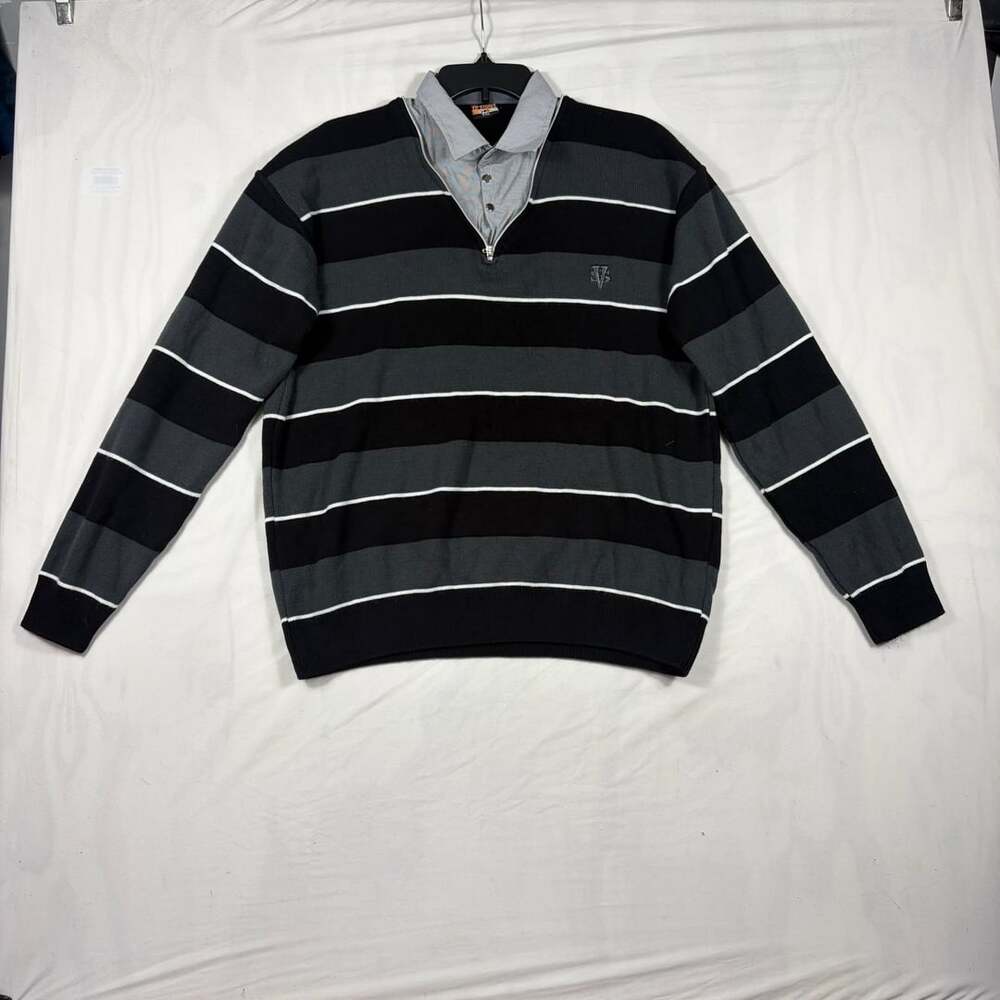 VIP STONES Men's Black Gray White Striped 1/4 Zip Long Sleeve Sweater
